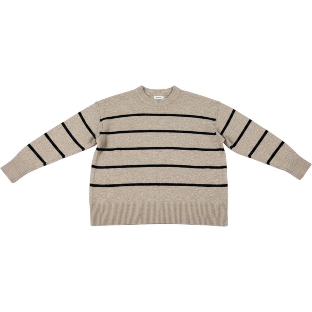 Aerie Womens XS Striped Oversized Crewneck Sweater Oatmeal Black Ribbed‎ Knit